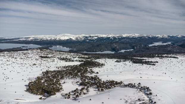 Discover the breathtaking aerial view of the snowy Andes landscape in Araucanía, Chile.