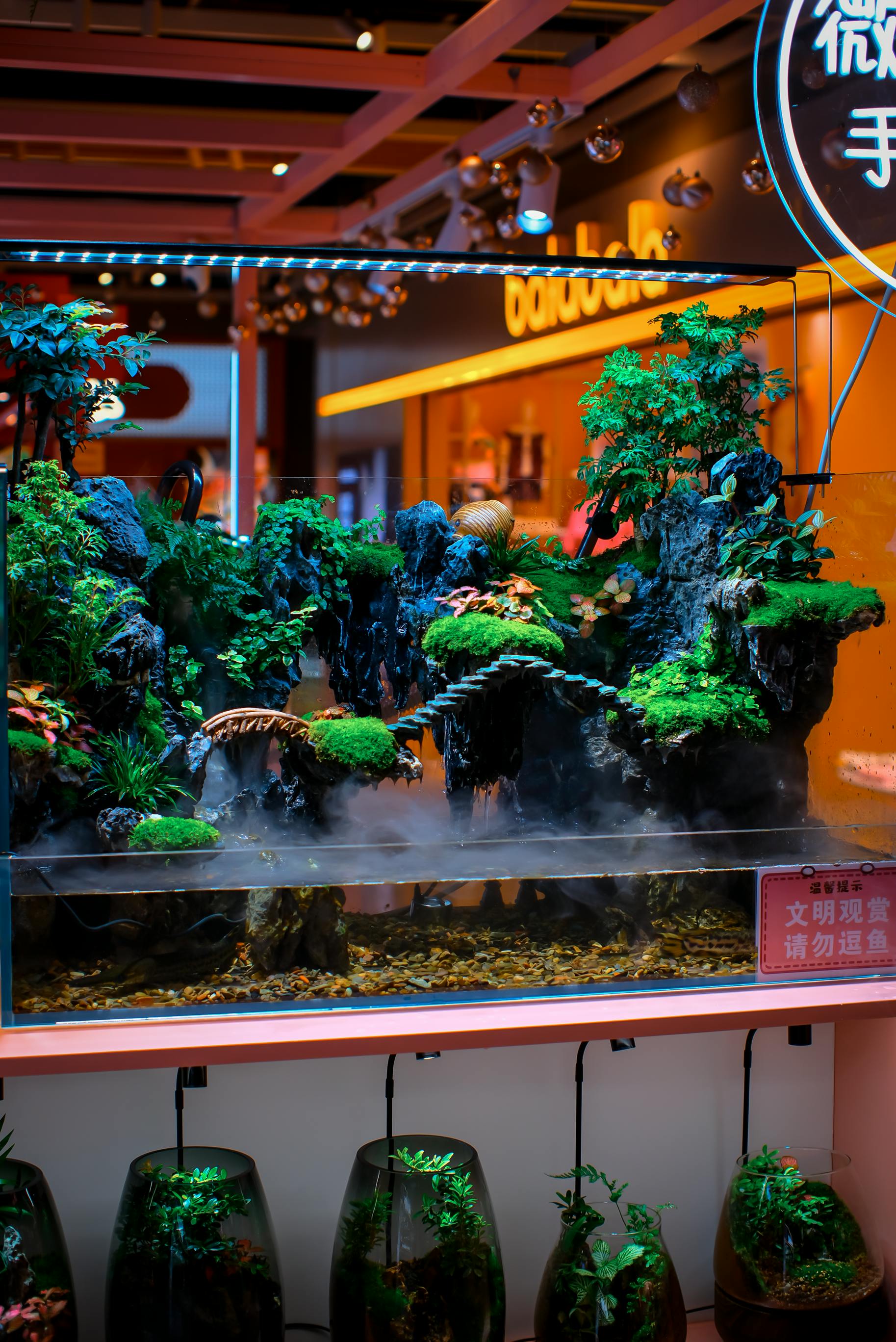 Bright and detailed indoor aquarium with vibrant plants and artistic design.