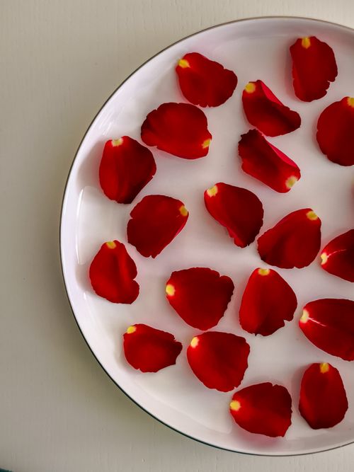 Free Elegant display of red rose petals on a white plate for romantic decor or celebration. Stock Photo