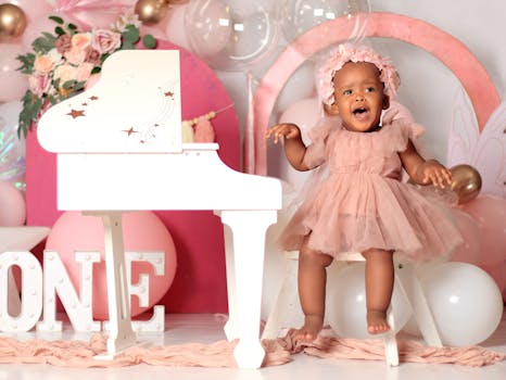 Cute baby girl in a pink dress celebrating her first birthday with a white toy piano.