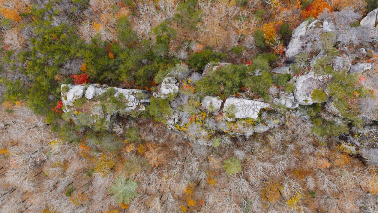 Fall Terrain Aerial View of Scenic Rocks in Fall Forest · Free Stock Photo