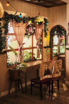 Warmly lit room with festive Christmas decorations, colorful lights, and wooden furniture creating a cozy holiday atmosphere.