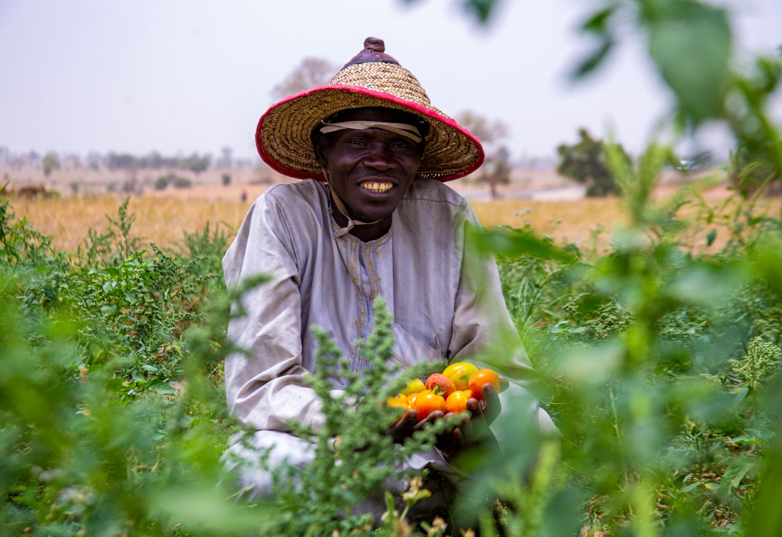A farmer holding freshly harvested produce in a green field