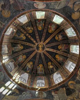 Intricate Byzantine dome artwork in the historic Kariye Museum, showcasing religious frescoes.
