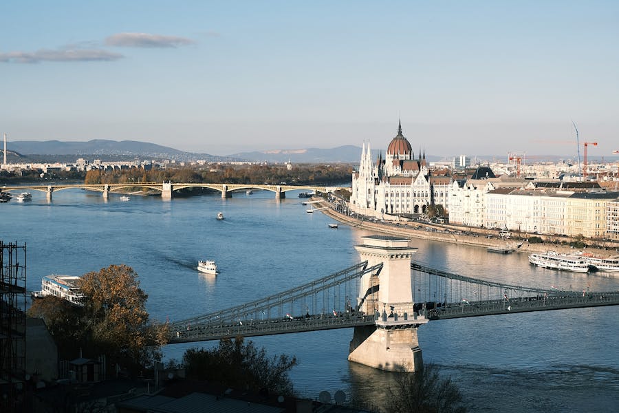 A stunning view of Budapest's Chain Bridge and Parliament along the Danube River with boats passing by