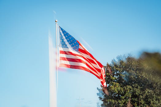 Vibrant American flag fluttering prominently against a clear blue sky with surrounding greenery.