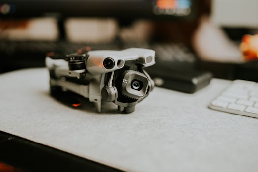 A close-up of a compact drone placed on a desk beside a keyboard, ready for operation.
