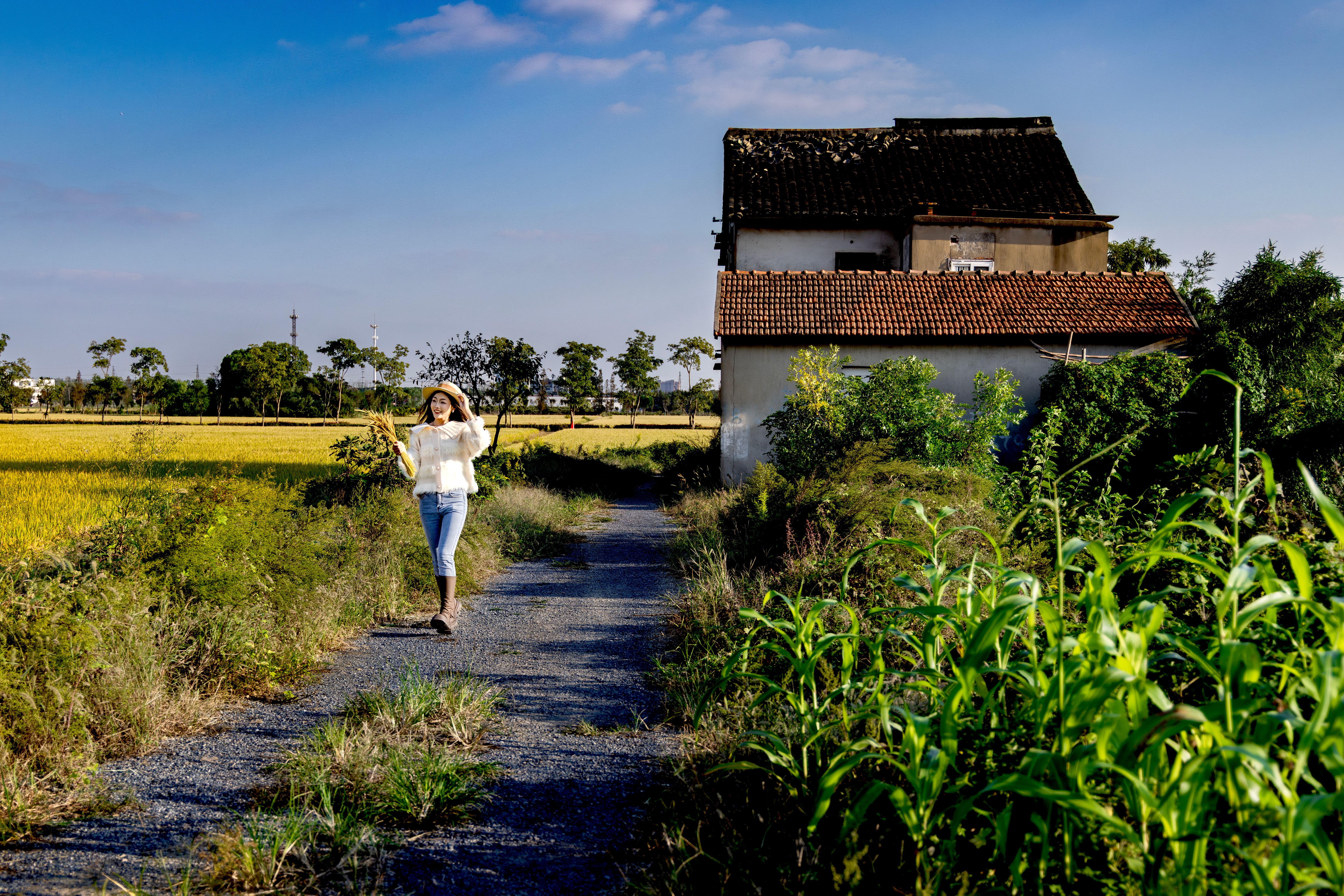 Woman walking in rural landscape with farmhouse · Free Stock Photo