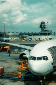 Front view of a commercial airplane at Hong Kong International Airport's terminal.