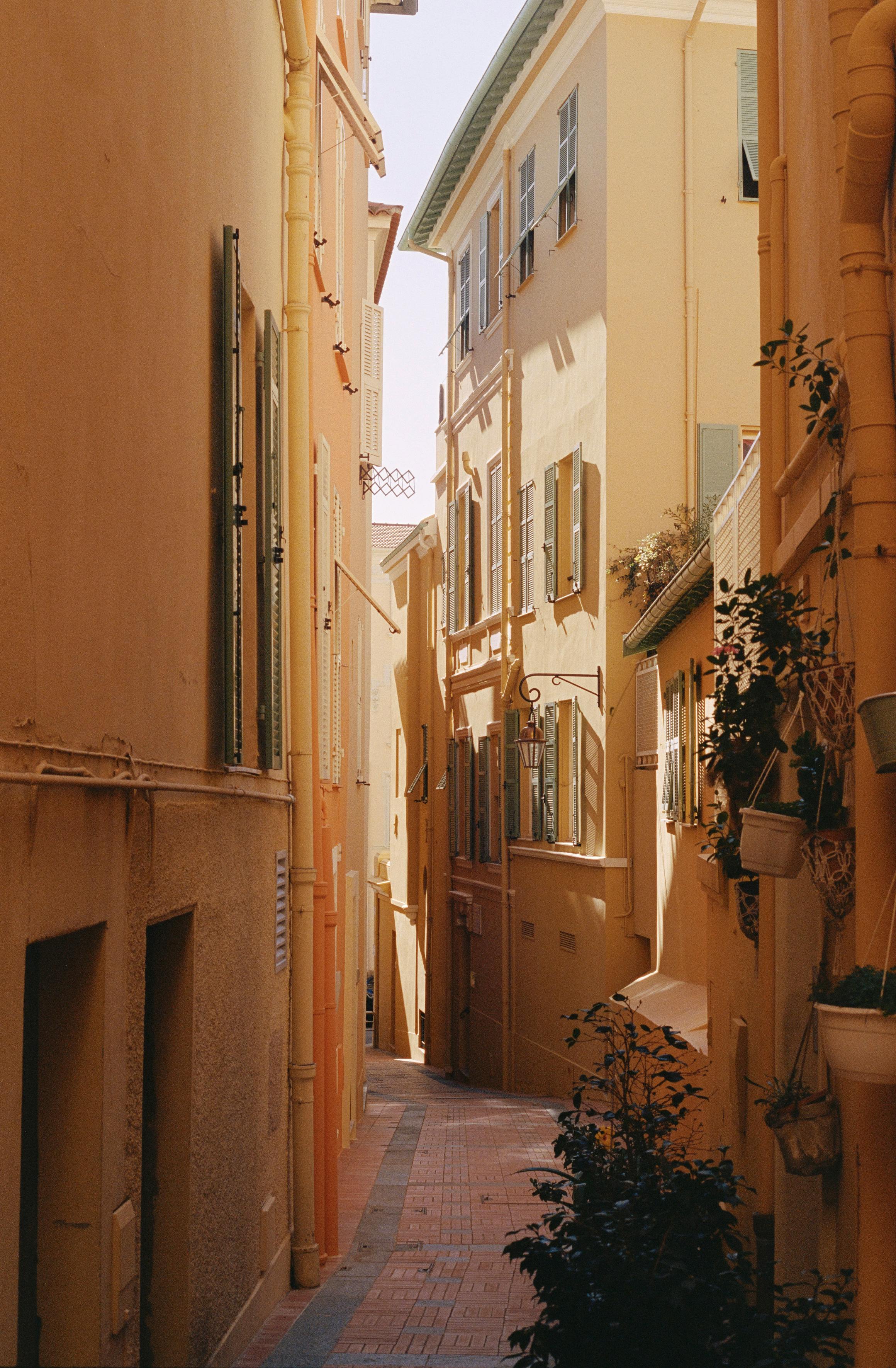 Explore a serene sunlit alleyway in Monaco, highlighting Mediterranean charm and architecture.