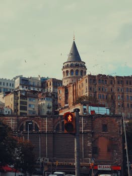 View of the historic Galata Tower surrounded by urban Istanbul architecture. Iconic cityscape.