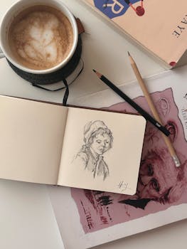 Cozy artist's workspace featuring a sketchbook, coffee, and art supplies.