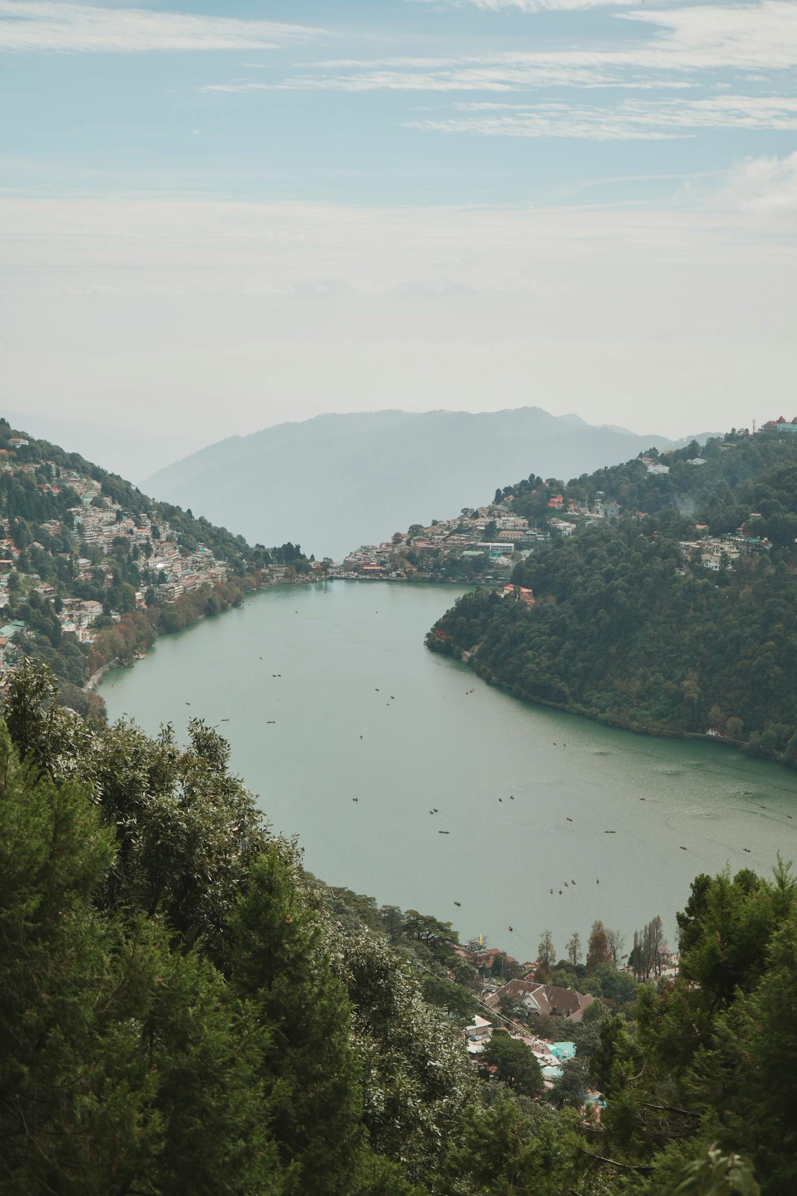 Scenic mountain view over Nainital Lake in Uttarakhand
