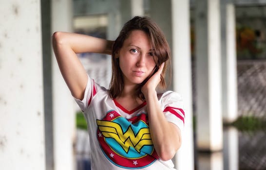A woman poses confidently in a Wonder-themed shirt, capturing a casual yet striking moment.