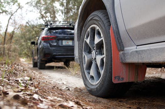 Close-up of two SUVs driving on a muddy forest trail, showcasing adventure and off-road travel.