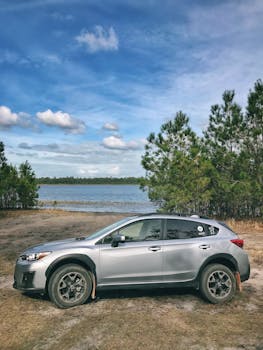 Silver SUV parked near a tranquil lake with pine trees under a clear blue sky.