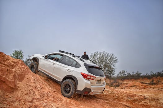 White SUV tackles rocky off-road terrain under a clear sky. Perfect for adventure and travel themes.