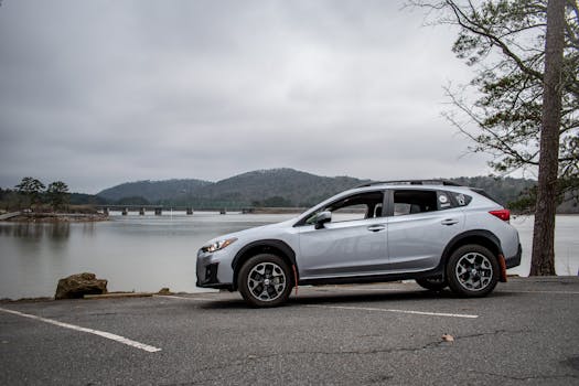 A silver SUV parked by a tranquil lake with mountains in the background, ideal for travel themes.