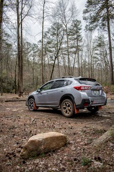 A grey SUV parked in a forest, ready for an adventurous off-road journey.