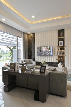 Sophisticated living room features luxurious decor, marble walls, and a view to the garden.