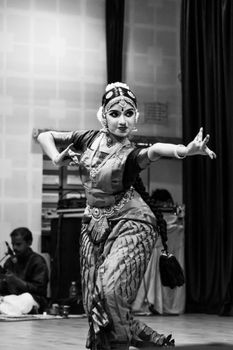Elegant Bharatanatyam dancer on stage in Guruvayur, showcasing classical Indian culture.
