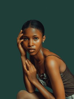 Artistic portrait of a young woman against an olive green background, showcasing elegance.