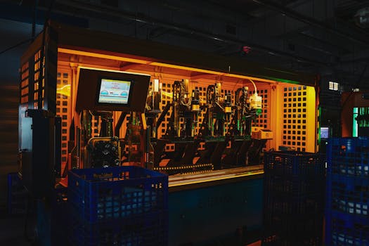 A complex piece of machinery in a dark industrial setting with vibrant lighting.