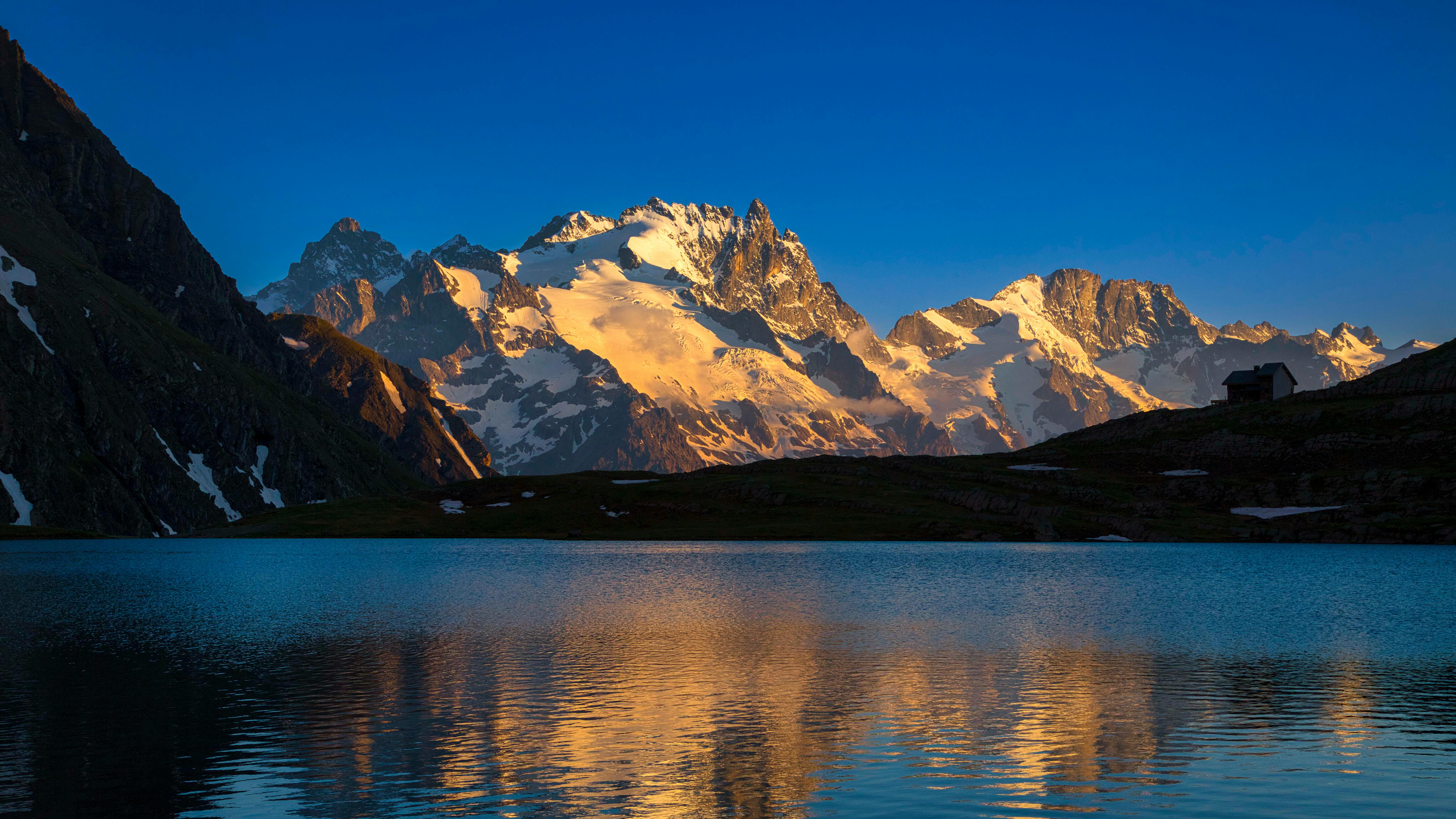 Free stock photo of lake, mountain at golden hour, refuge