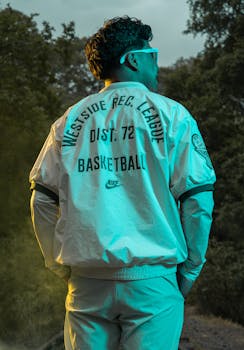 Stylish man wearing a basketball jacket outdoors during twilight under dramatic lighting.
