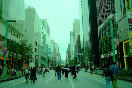 Vibrant city scene in Tokyo, Japan, with skyscrapers and bustling crowds during the day.