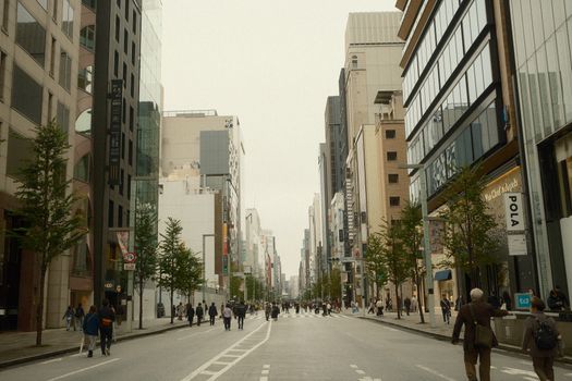 View of a busy Tokyo street lined with tall buildings and people walking.