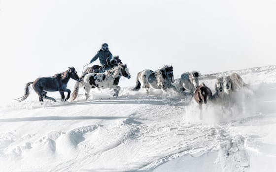 A Mongolian herder leading horses through a snowy landscape in Inner Mongolia, China.