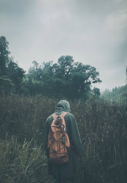 Free Person Wearing Pullover Hoodie Carrying Backpack Stock Photo