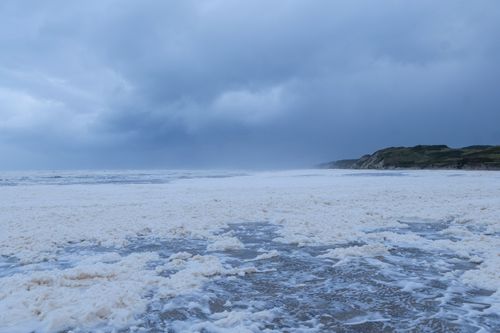 Free Stunning view of seafoam on a vast, empty beach under a moody sky. Stock Photo