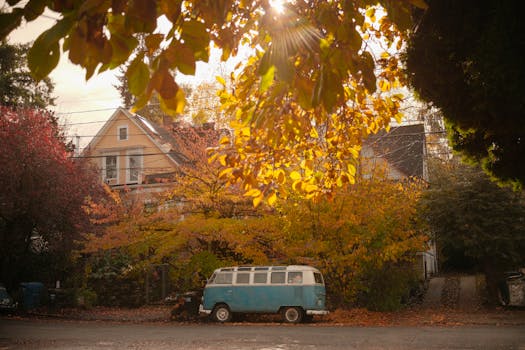 Vintage Volkswagen bus on a picturesque Seattle street with autumn foliage.