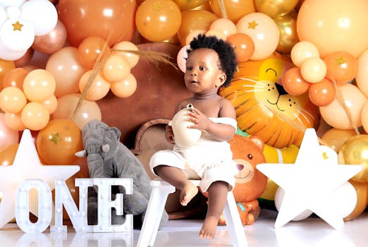 Cute baby celebrating first birthday with a balloon-filled setup.