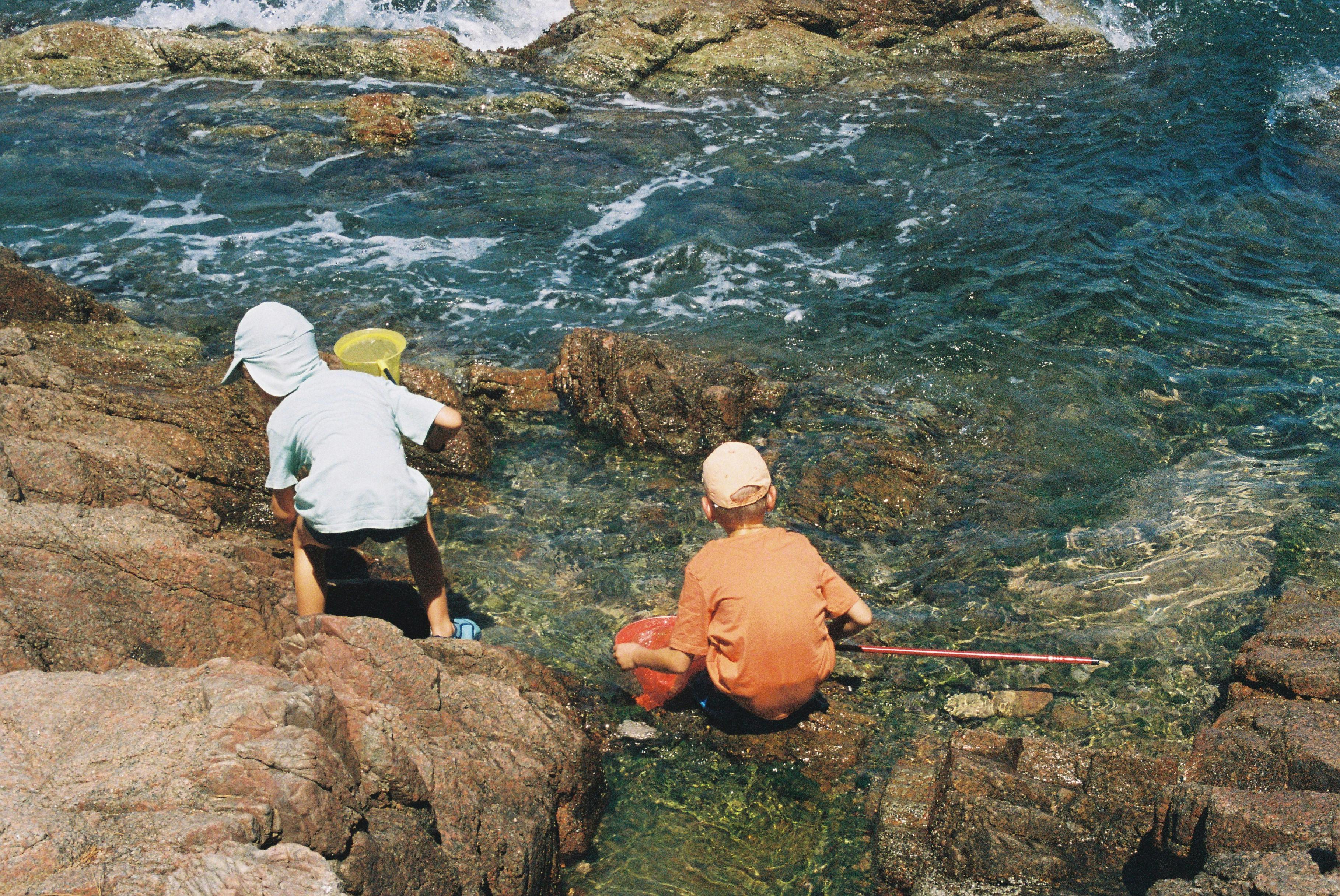 Two children playing and exploring tide pools on a rocky seashore during daytime.