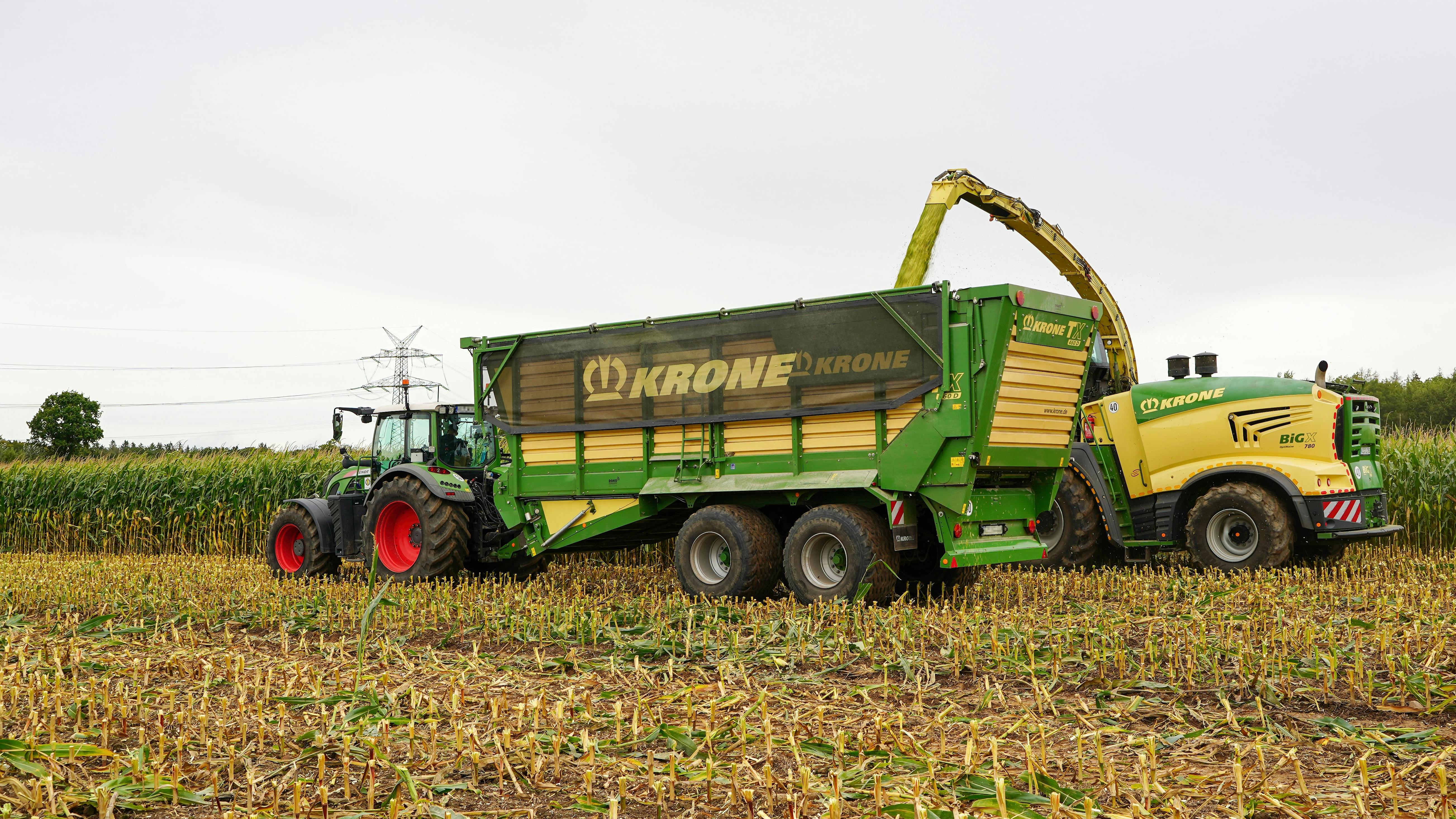 Autumn corn harvest with tractors in Lütau, Schleswig-Holstein, showcasing modern farming techniques.