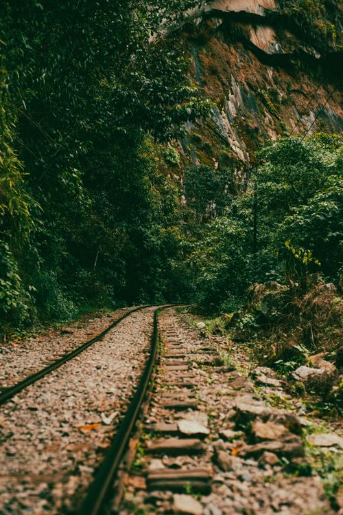 Free A serene railroad track winding through a dense, green forest beneath rocky cliffs. Stock Photo