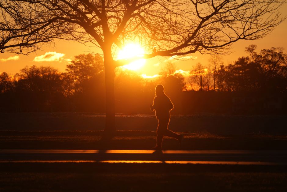 A silhouetted runner jogs through a park during a golden sunset, framed by tree branches.