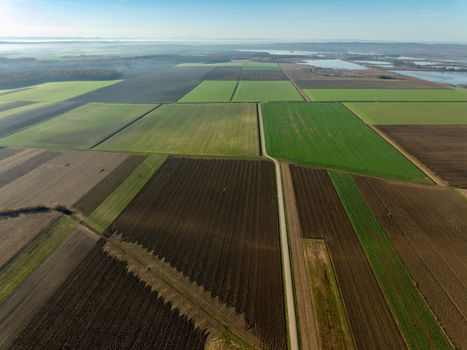 Aerial photograph showcasing expansive farmland near Garešnica, Croatia.