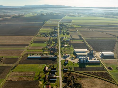 Free A scenic aerial view capturing the rural farmland near Garešnica, Croatia. Stock Photo