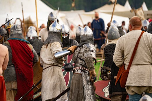 Viking warriors reenact a battle scene during a historical festival in Szczecin.