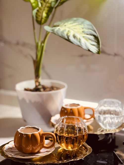 Free Warm indoor setting with coffee, tea, and decorative plant. Stock Photo