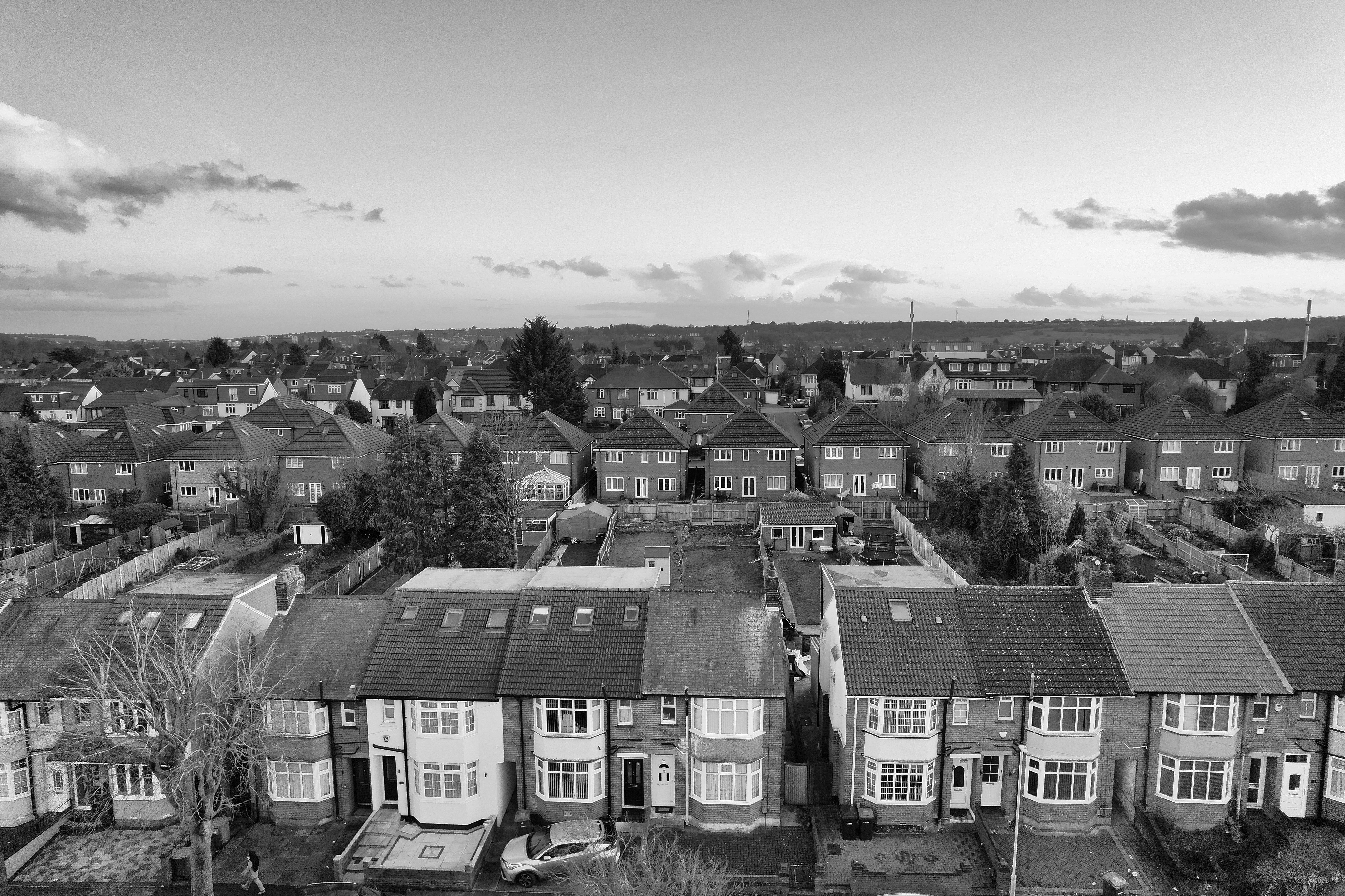 Aerial view of UK suburban houses
