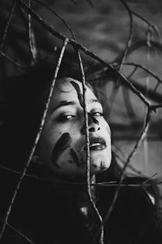 这幅戏剧性的单色肖像中，模特脸上涂着大胆的颜料和树枝，情感呼之欲出