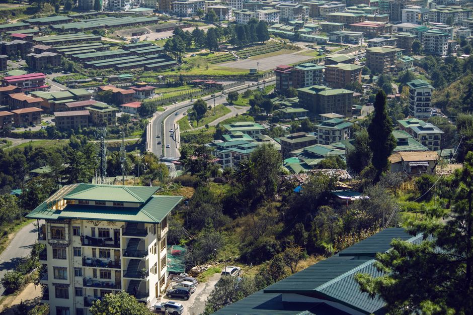 Thimphu - Mountain city panorama with clear skies