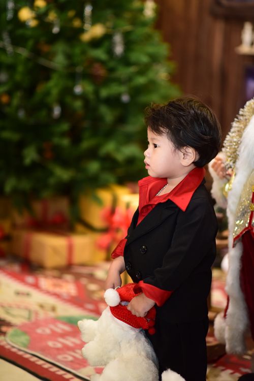 Free A young child in a suit stands by a Christmas tree holding a toy bear, evoking holiday joy. Stock Photo