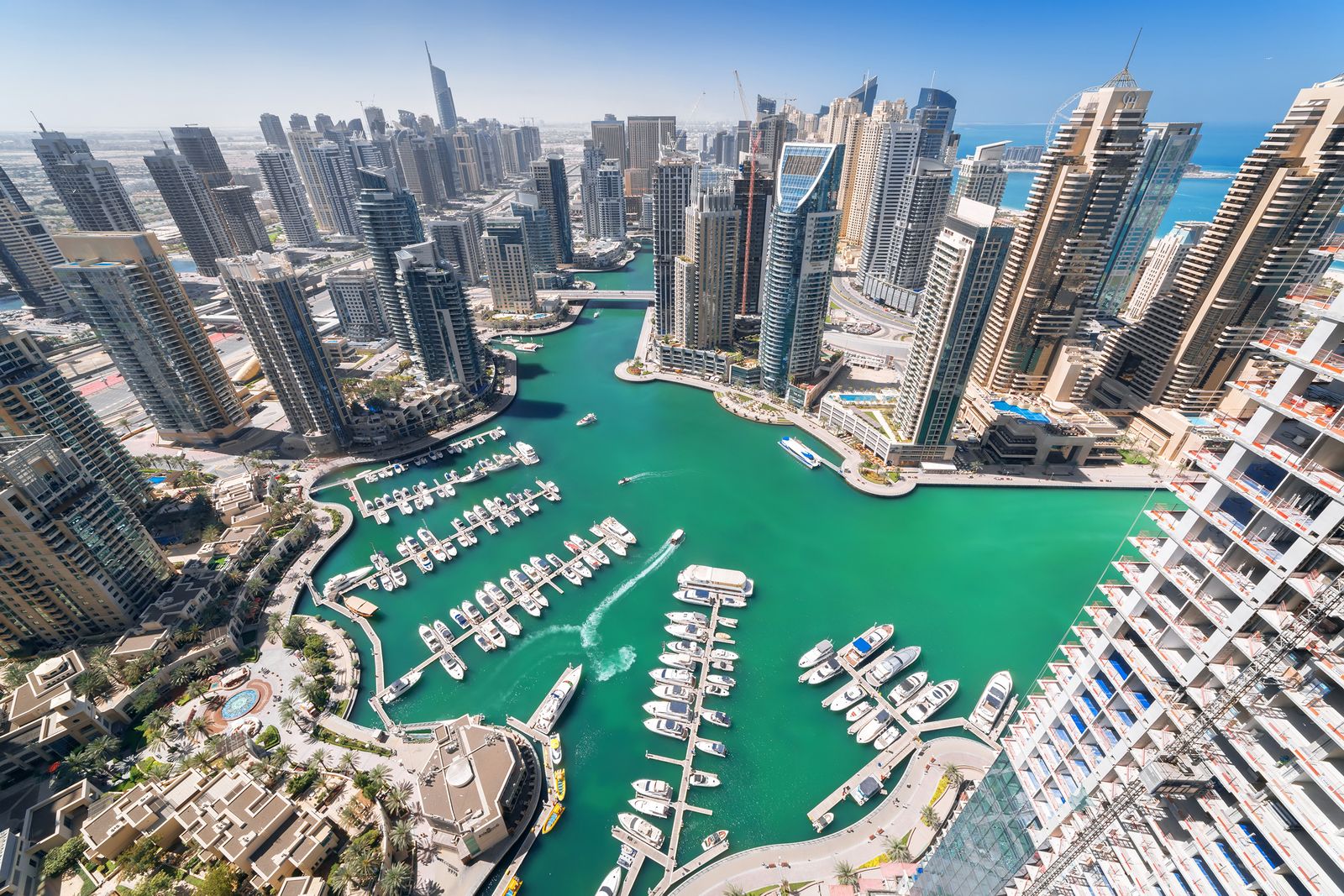 Dubai beachfront residential towers with marina