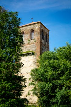 Stone tower nestled among lush green trees under a bright blue sky in Veneto, Italy.